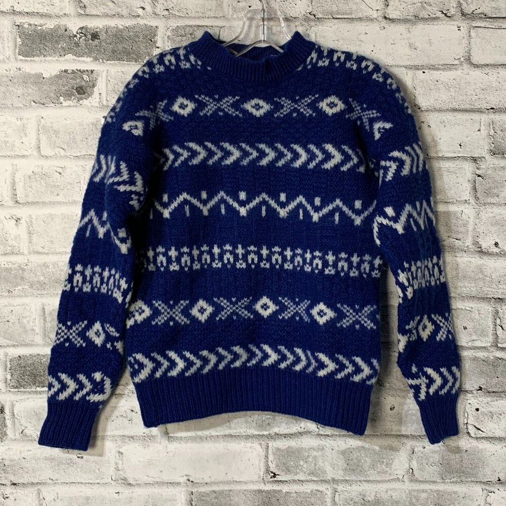Gap Vintage 90s Fair Isle Nordic Sweater Small Blue Wool Heavyweight Chunky Knit - Picture 1 of 12
